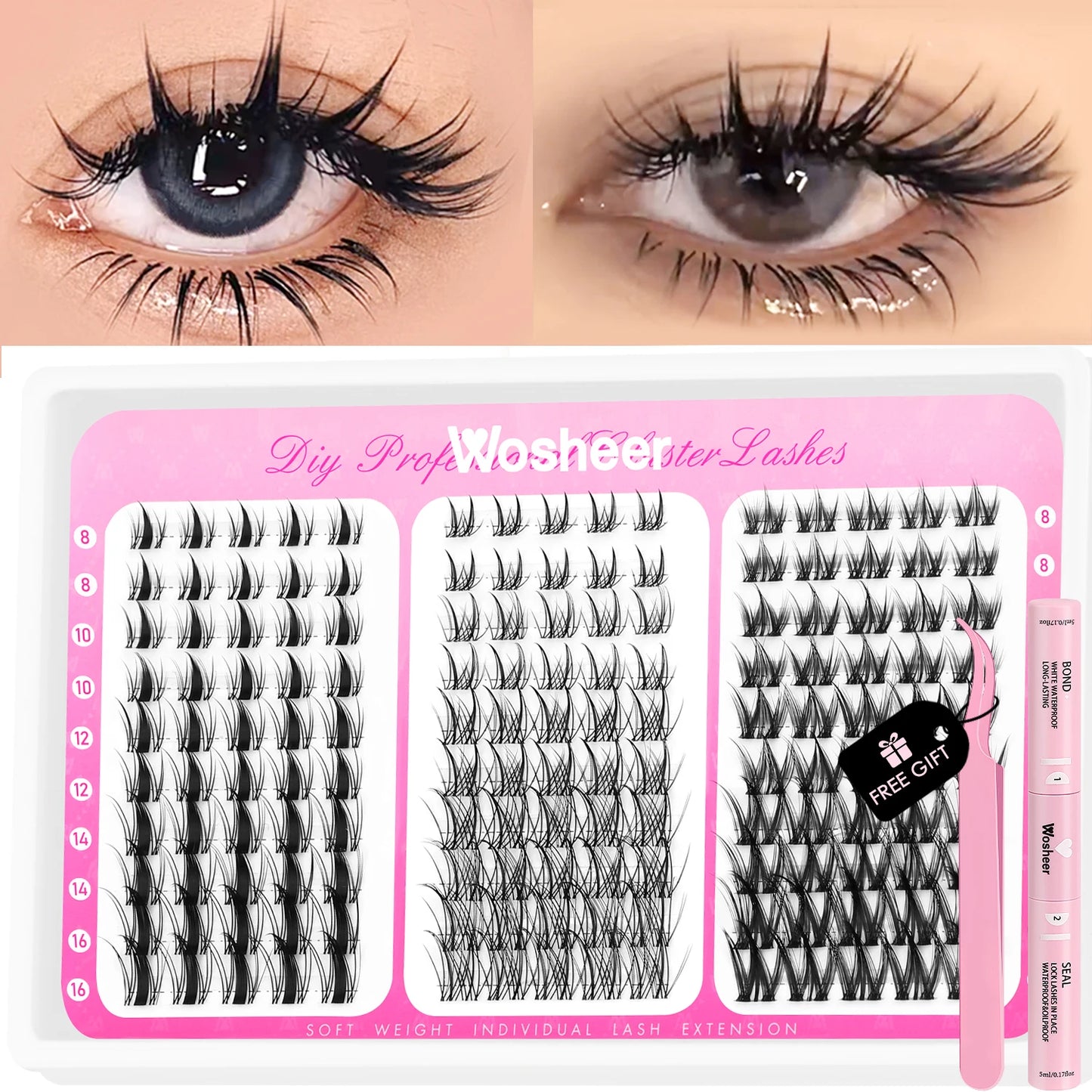 Manga Lash Clusters Kit Cat Lashes with Lash Bond & Seal Cluster Eyelash Extensions Mixed Tray Eyelash Clusters Kit