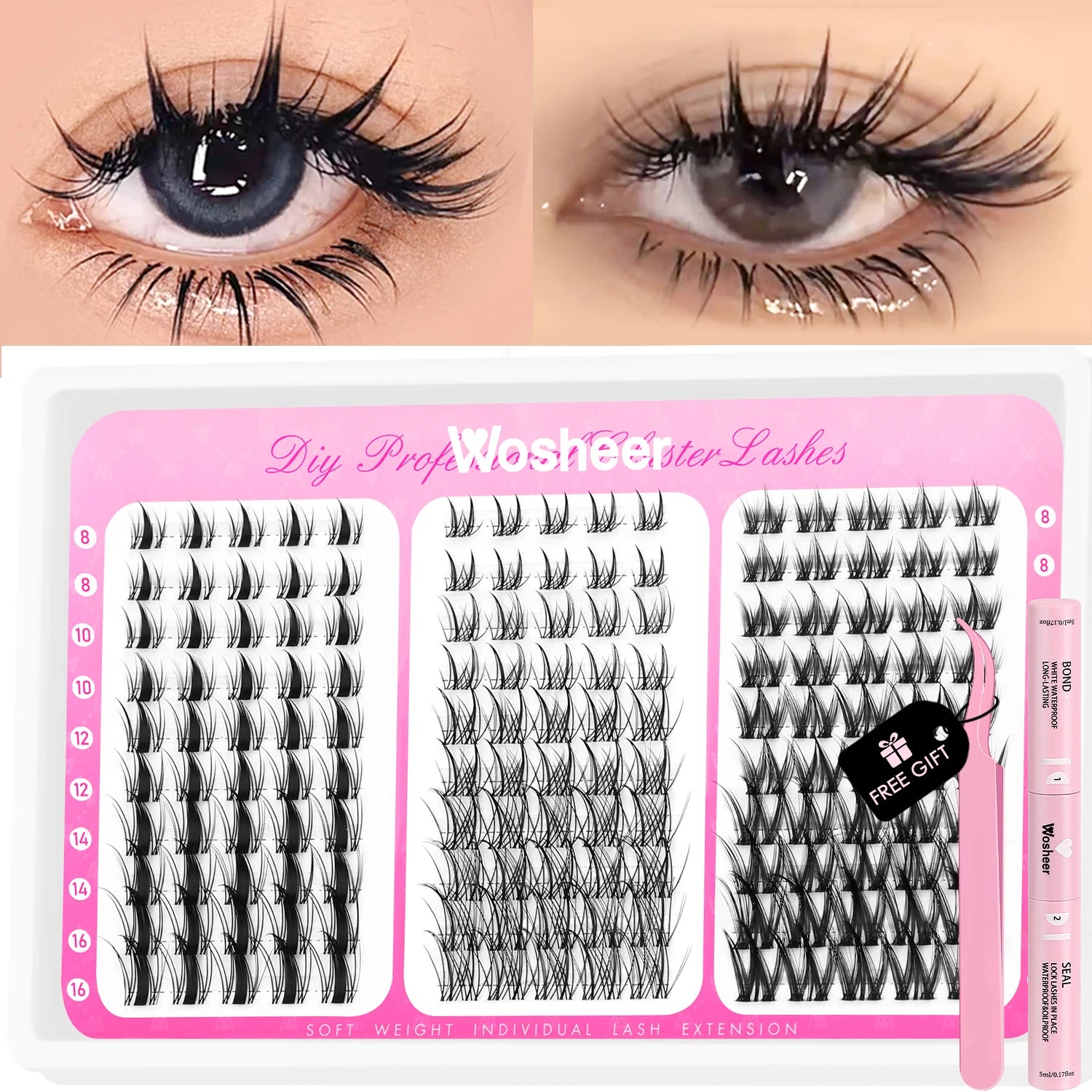 Manga Lash Clusters Kit Cat Lashes with Lash Bond & Seal Cluster Eyelash Extensions Mixed Tray Eyelash Clusters Kit