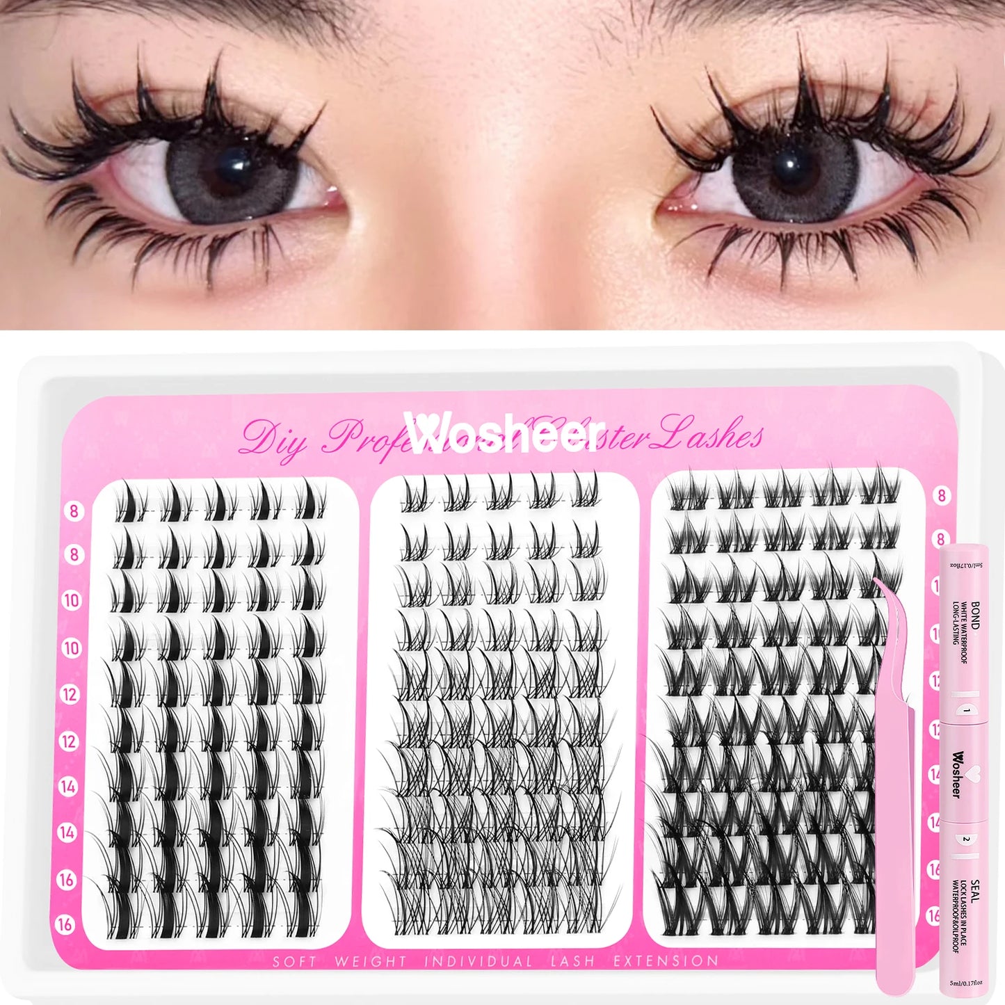 Manga Lash Clusters Kit Cat Lashes with Lash Bond & Seal Cluster Eyelash Extensions Mixed Tray Eyelash Clusters Kit