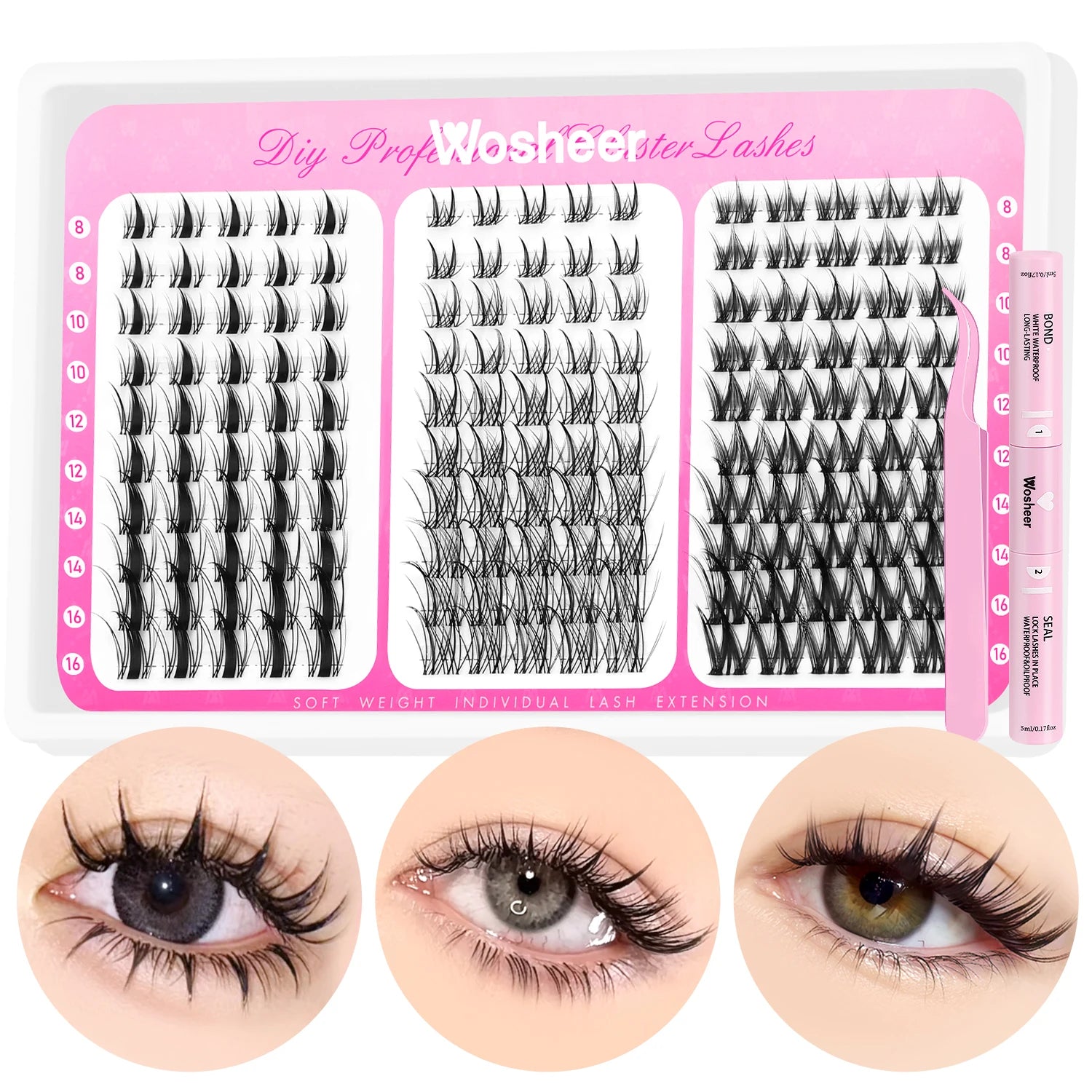 Manga Lash Clusters Kit Cat Lashes with Lash Bond & Seal Cluster Eyelash Extensions Mixed Tray Eyelash Clusters Kit
